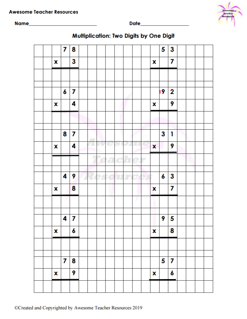Double Digit Multiplication Printable With Graph Paper 