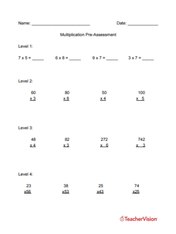 Elementary Multiplication Pre Assessment Math Practice 