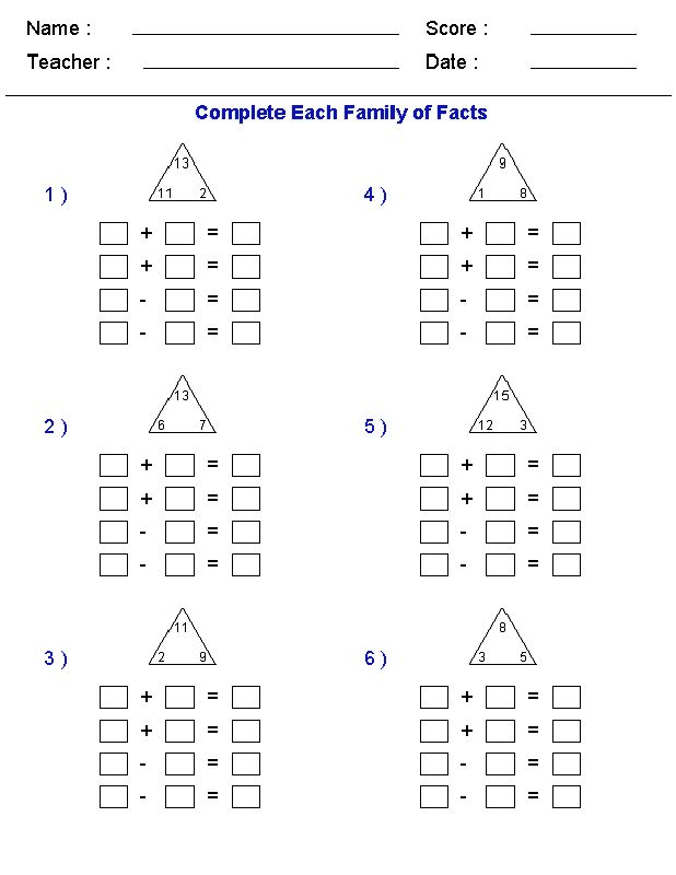 Family Facts Math Worksheets Fact Family Worksheet Fact 