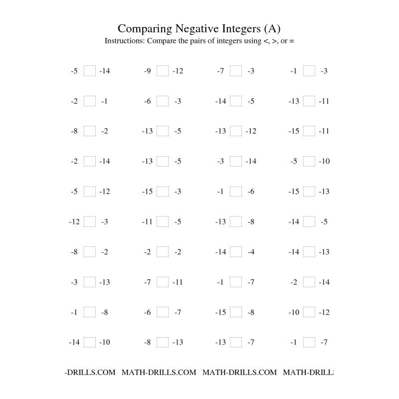 Free Math Worksheet Comparing Integers From 15 To 1 