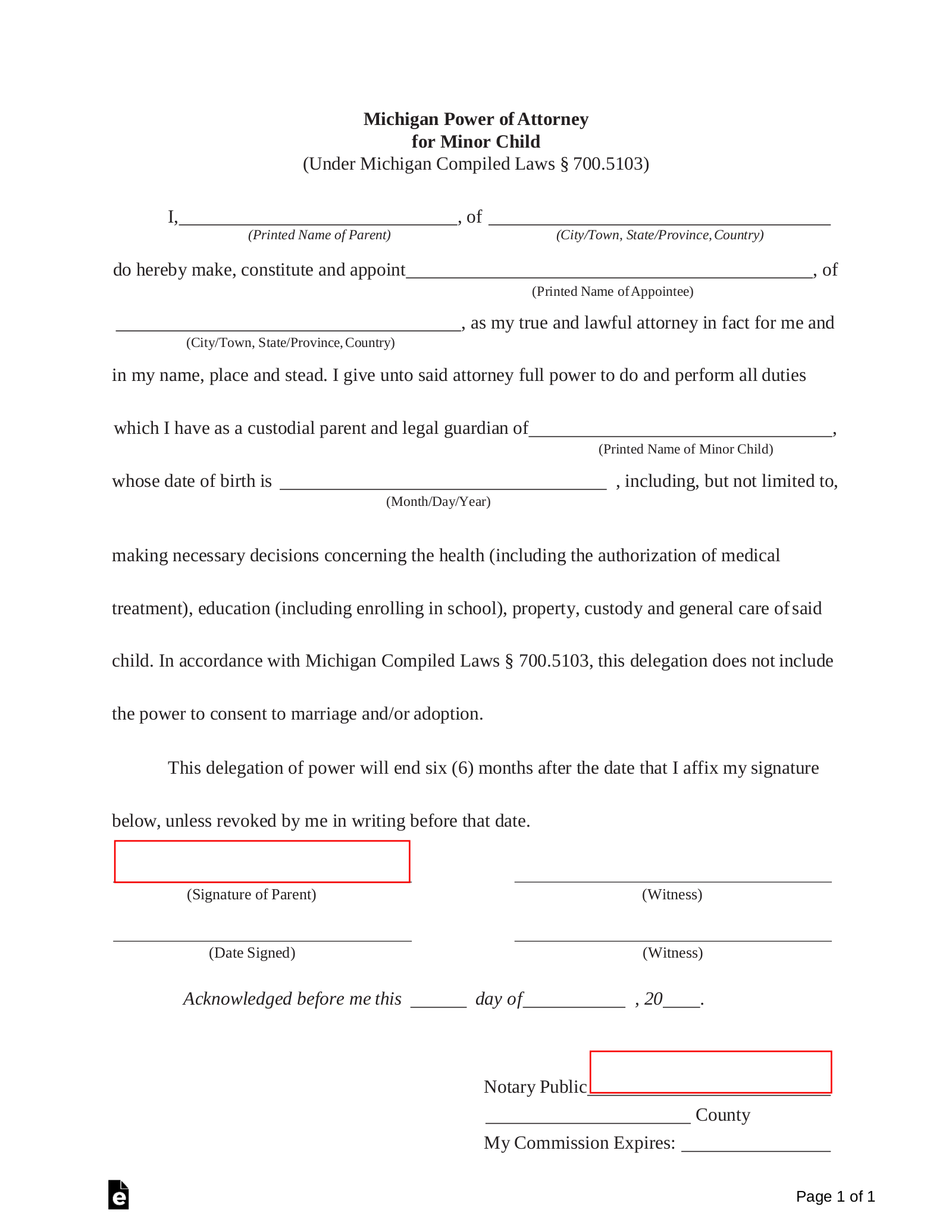 Free Michigan Power Of Attorney For Minor Child Form PDF 
