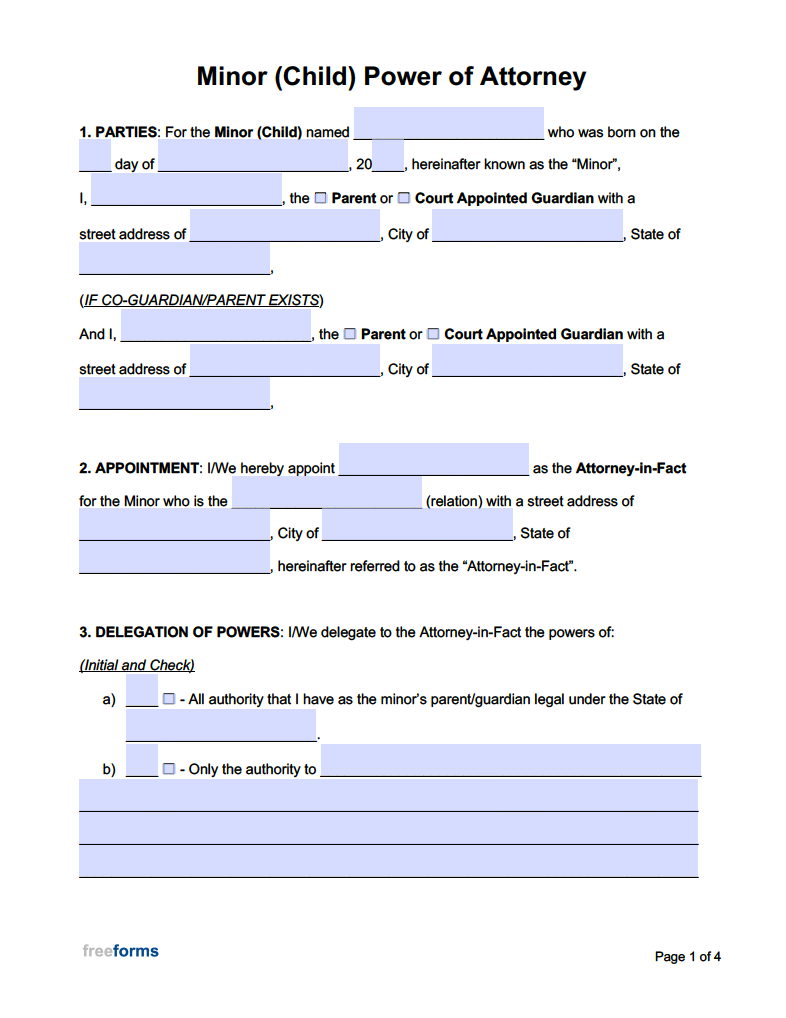 Free Minor Child Power Of Attorney Forms PDF WORD