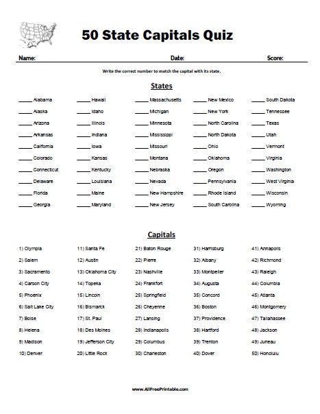 Free Printable 50 State Capitals Quiz Free Printable 50 