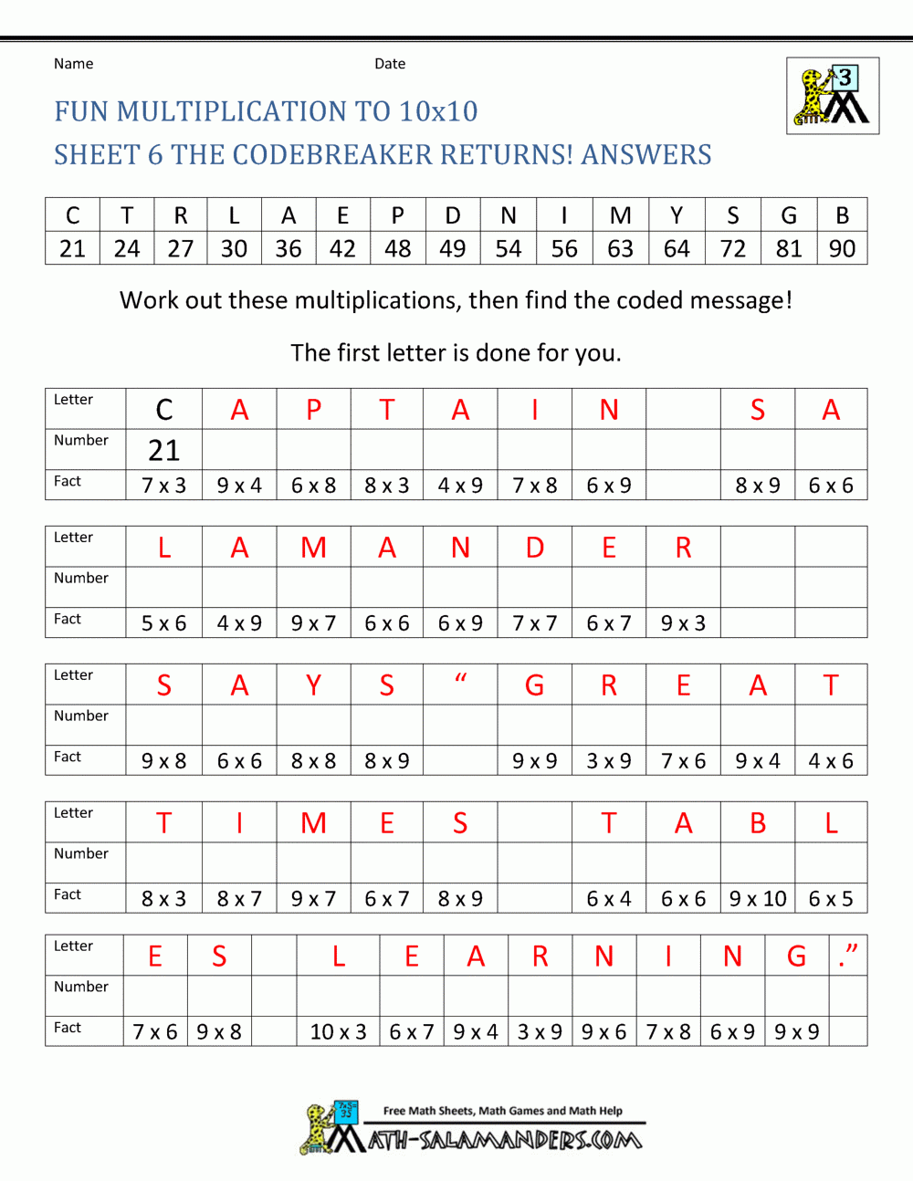 Fun Multiplication Worksheets To 10x10