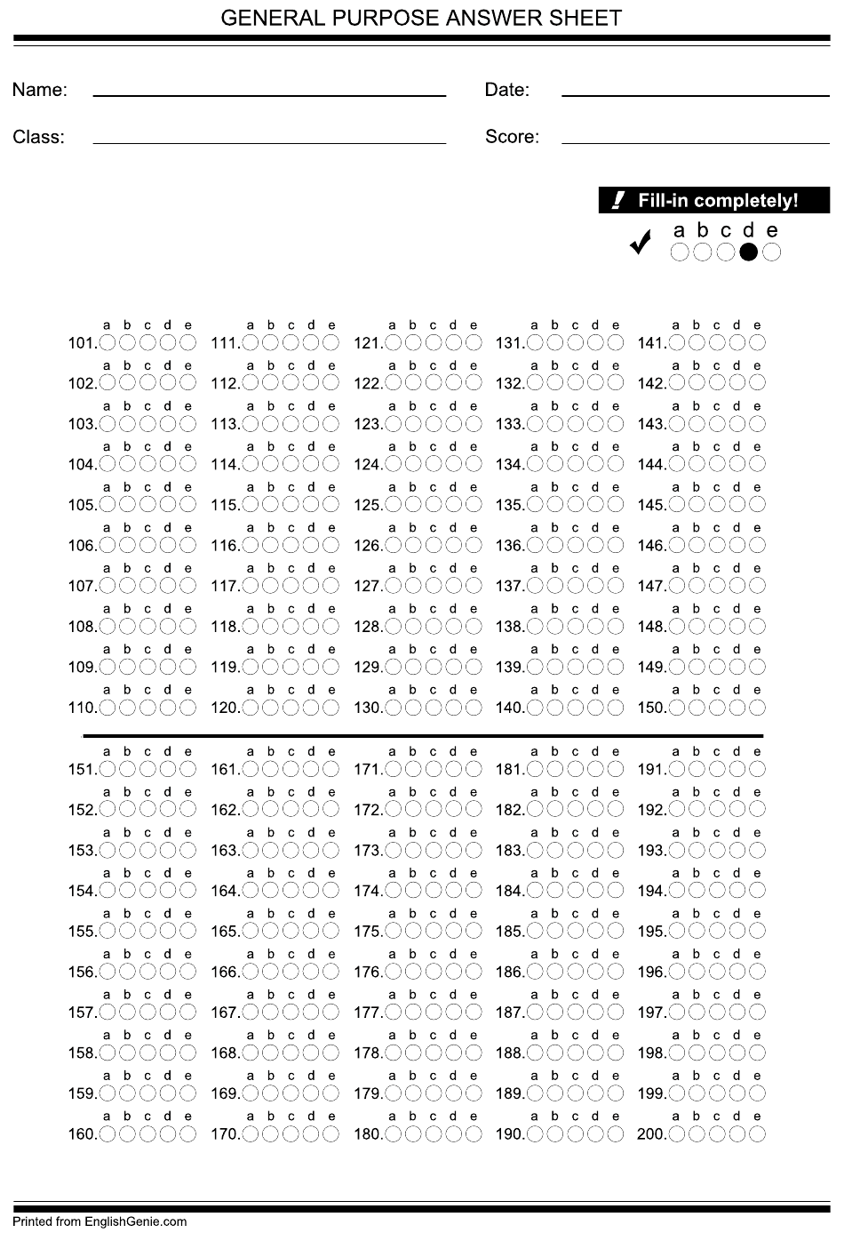 General Purpose Multiple Choice Answer Sheet Download 