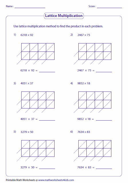 Free Printable Lattice Multiplication Worksheets
