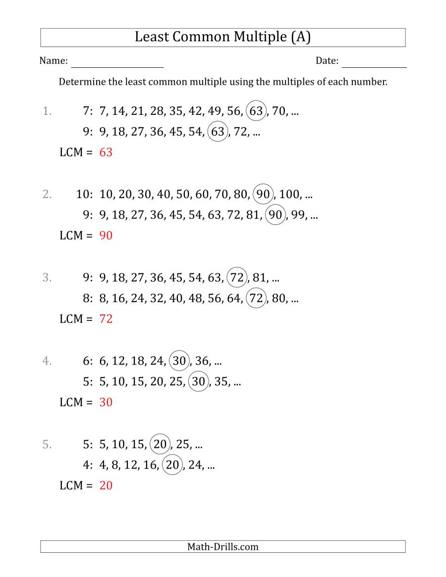 Least Common Multiple Worksheet 5th Grade Times Tables 
