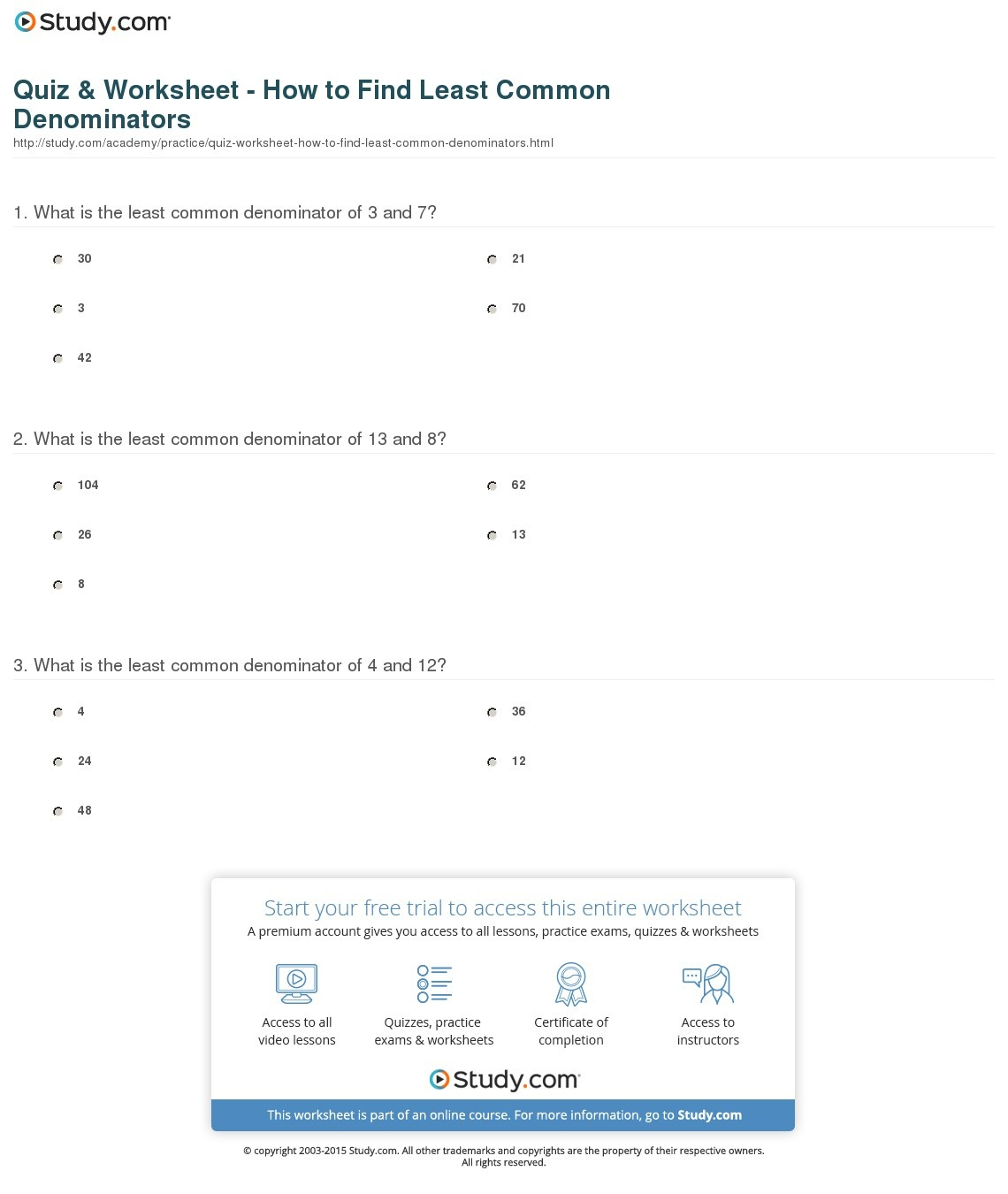 Least Common Multiple Worksheets With Answer Key Times 