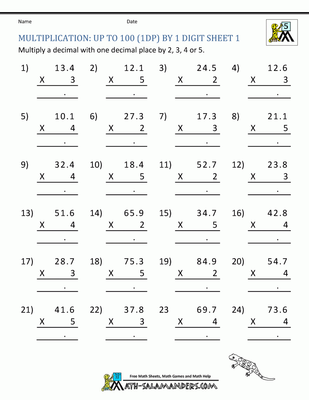Math Worksheet Printable Multiplication 3 Digits Decimals 