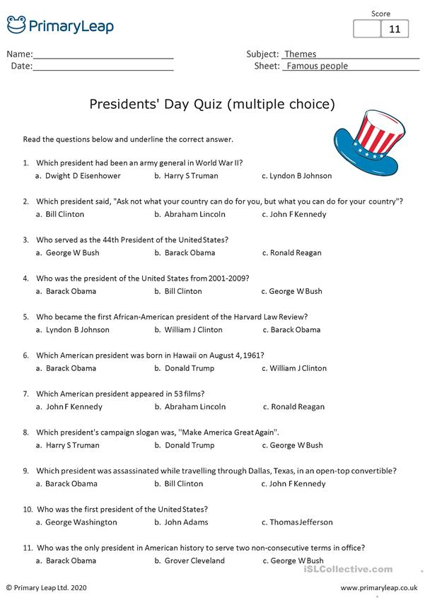 Multiple Choice Quiz Presidents Day English ESL 