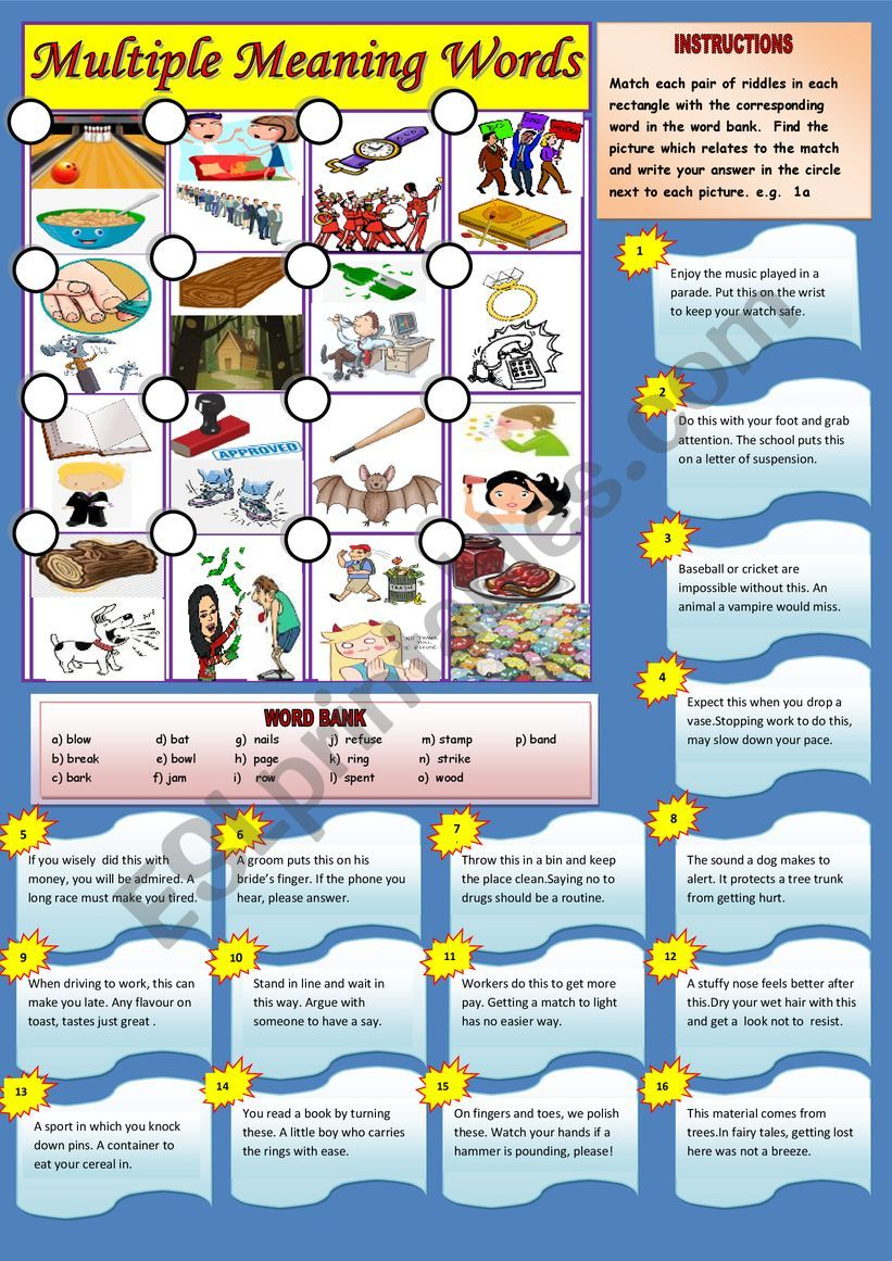 Multiple Meaning Words ESL Worksheet By Reachforsuccess