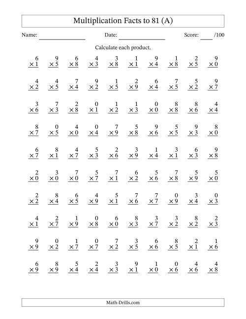 Multiplication Facts To 81 Including Zeros 100 Per Page A 