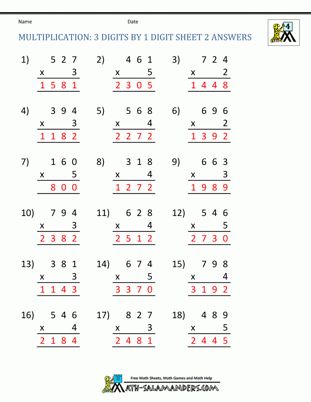 Multiplication Sheet 4th Grade