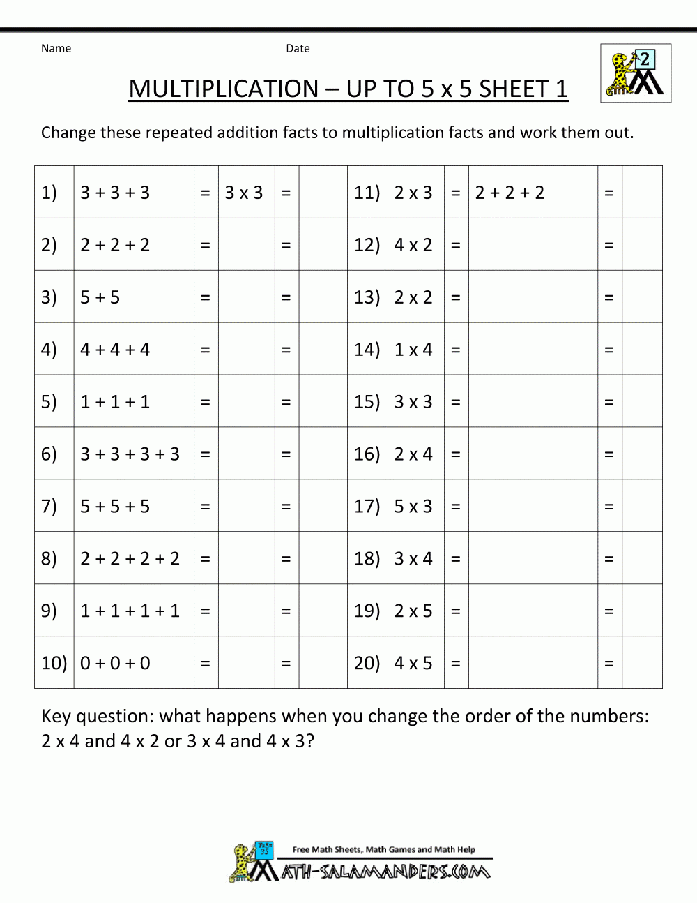 Multiplication To 5x5 Worksheets For 2nd Grade