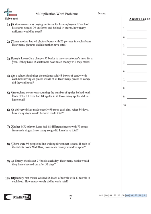 Multiplication Word Problems Math Worksheet With Answer 
