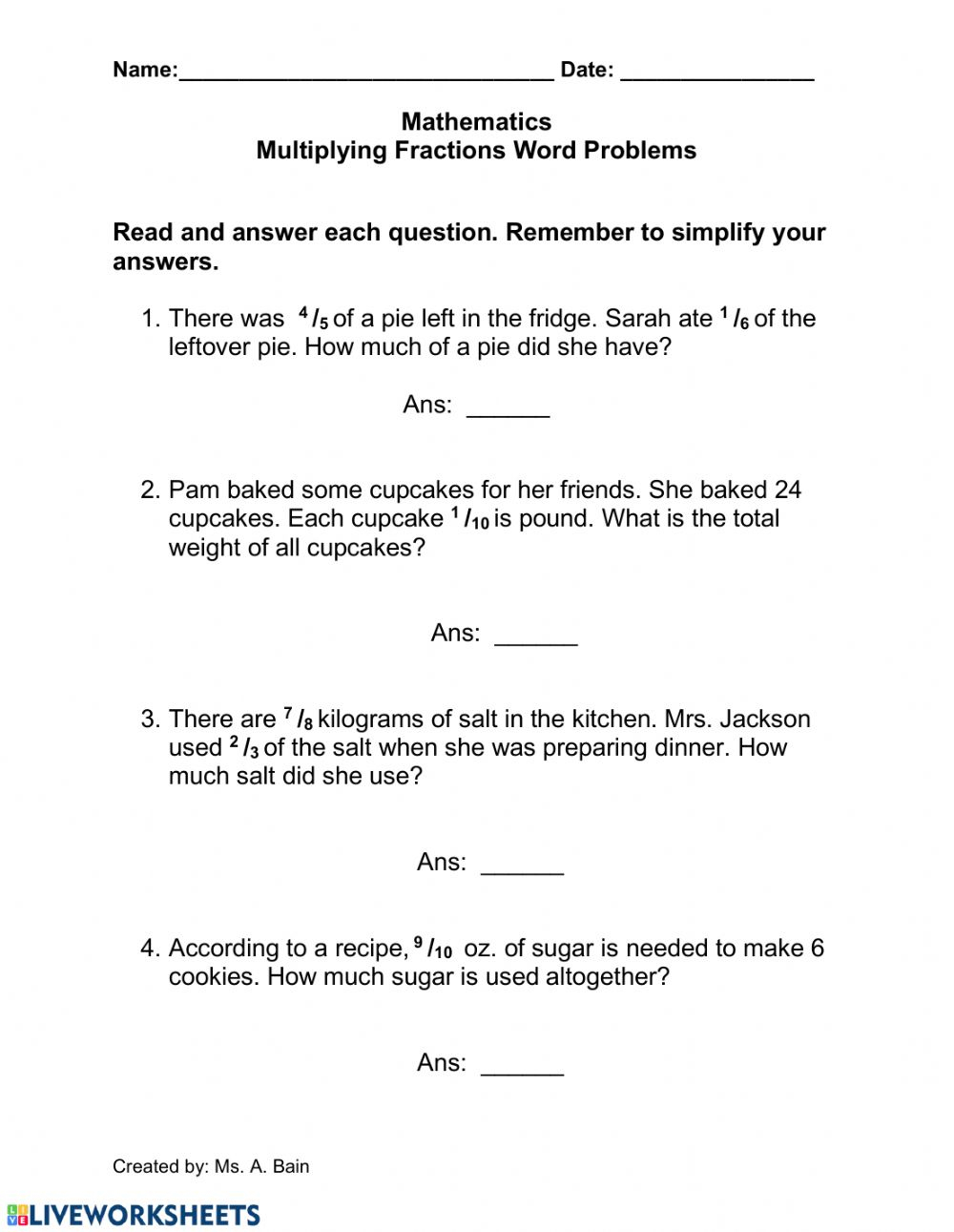 Multiplying Fractions Word Problems Worksheet Worksheets 