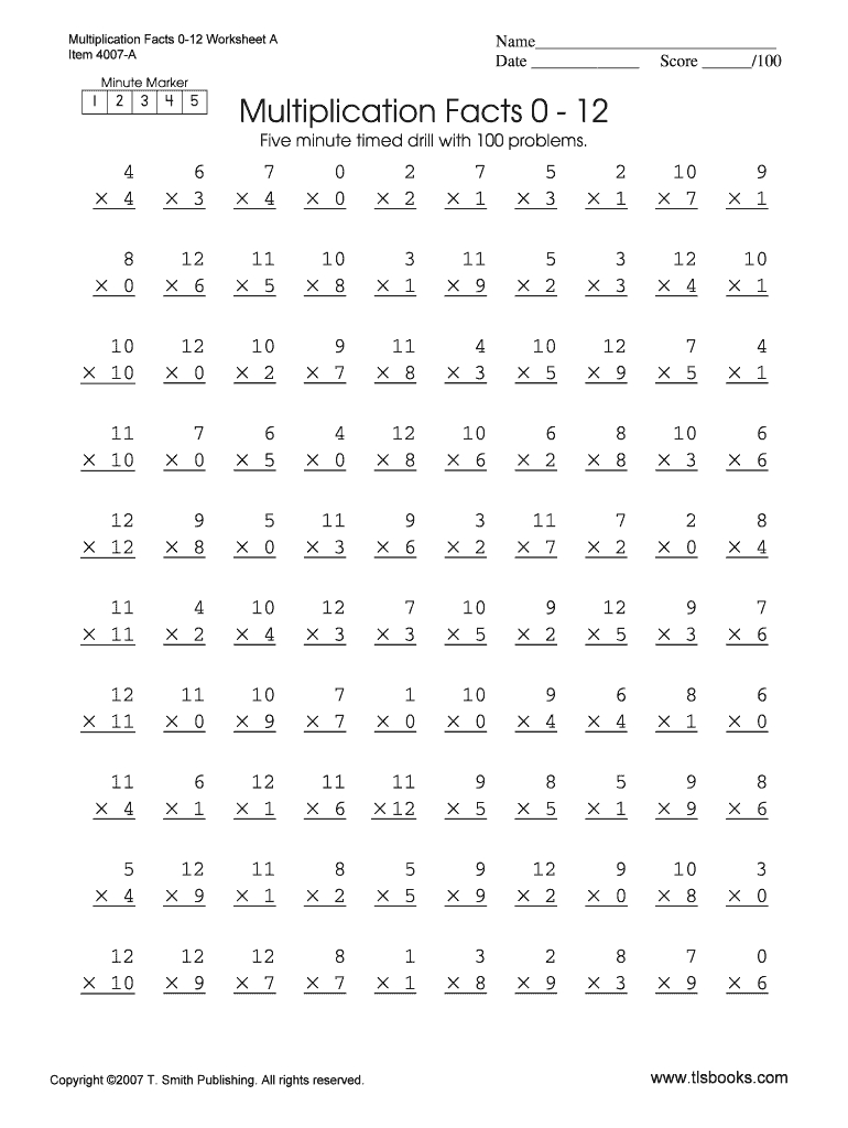 Printable 100 Multiplication Facts Timed Test 