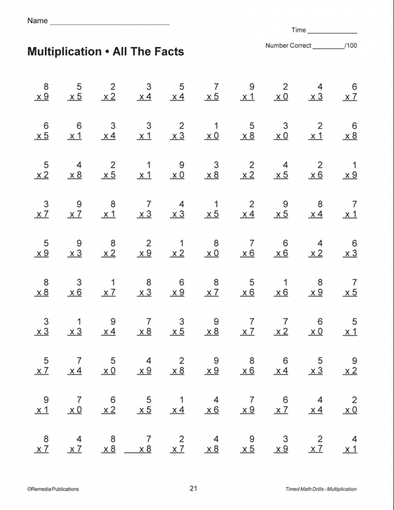Printable Multiplication Worksheets 100 Problems Math S 
