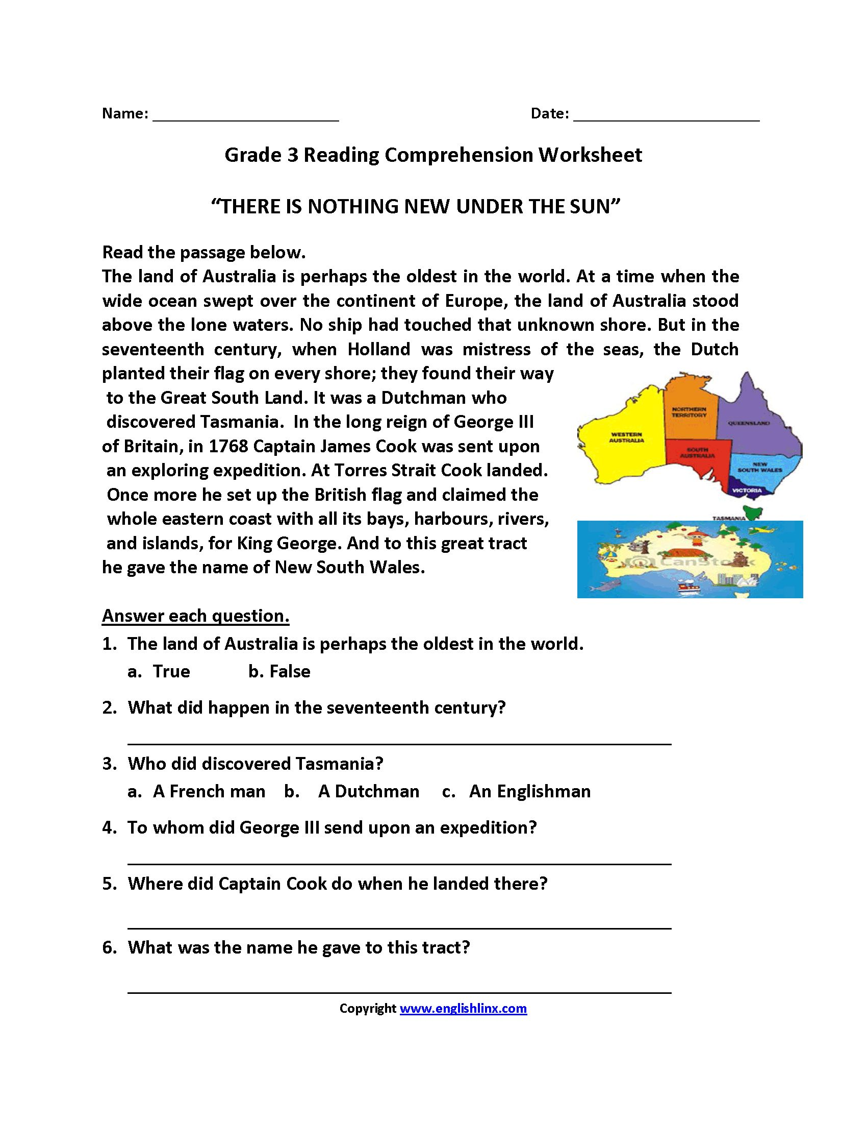 Reading Comprehension Worksheets For Grade 3 Pdf