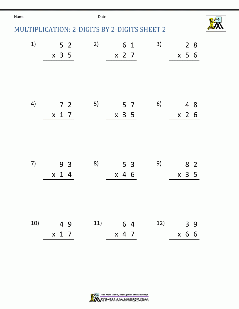 Russan Free 2 Digit By 2 Digit Multiplication Coloring 