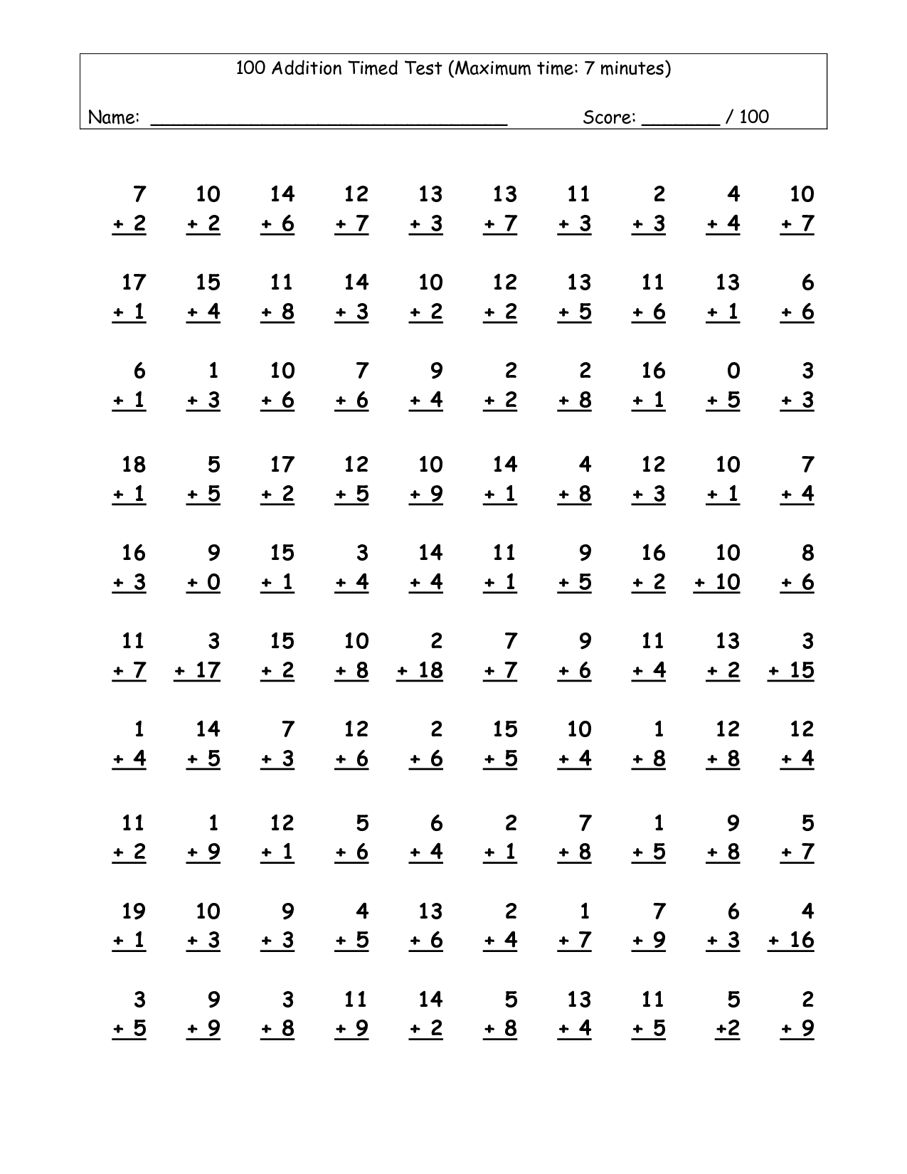Timed Multiplication Tests Printable EVASSCRAPNCARDS