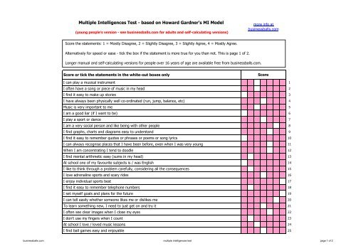Top Howard Gardner Multiple Intelligences Test Printable 