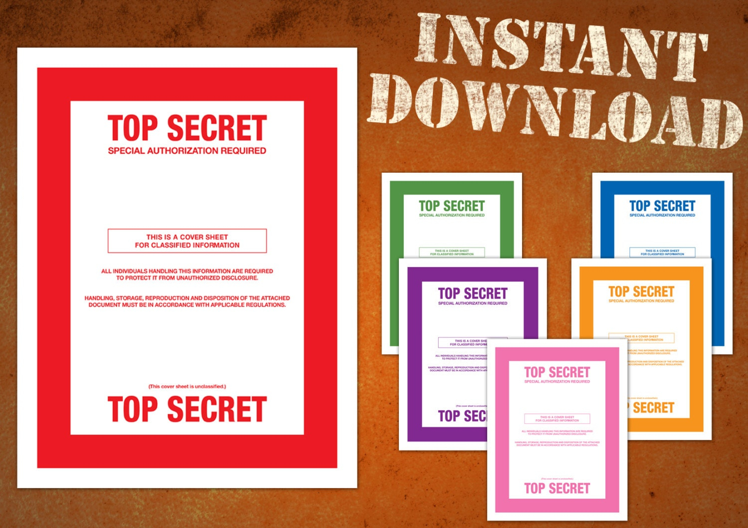 TOP SECRET Classified Document Cover Sheets Multiple Colors